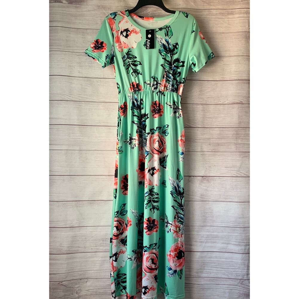 Azbro Mint Green Floral Print Maxi Dress Short Sleeves Elastic Waist Pockets